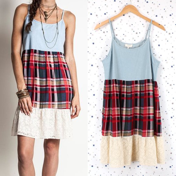 Umgee Tiered Dress Denim Plaid Lace Light Denim - Picture 1 of 8